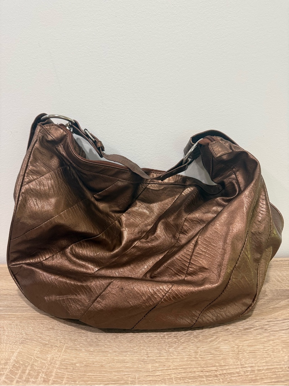 Bronze Metallic Faux Leather Slouchy Hobo Bag Leopard Print Lining Y2K Purse
